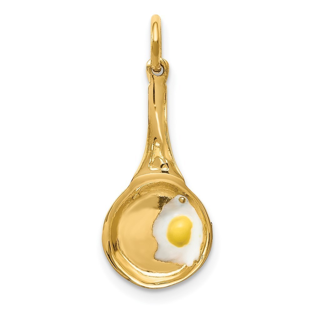 14k Yellow Gold 3D Frying Pan w/Enameled Egg Necklace Charm Pendant